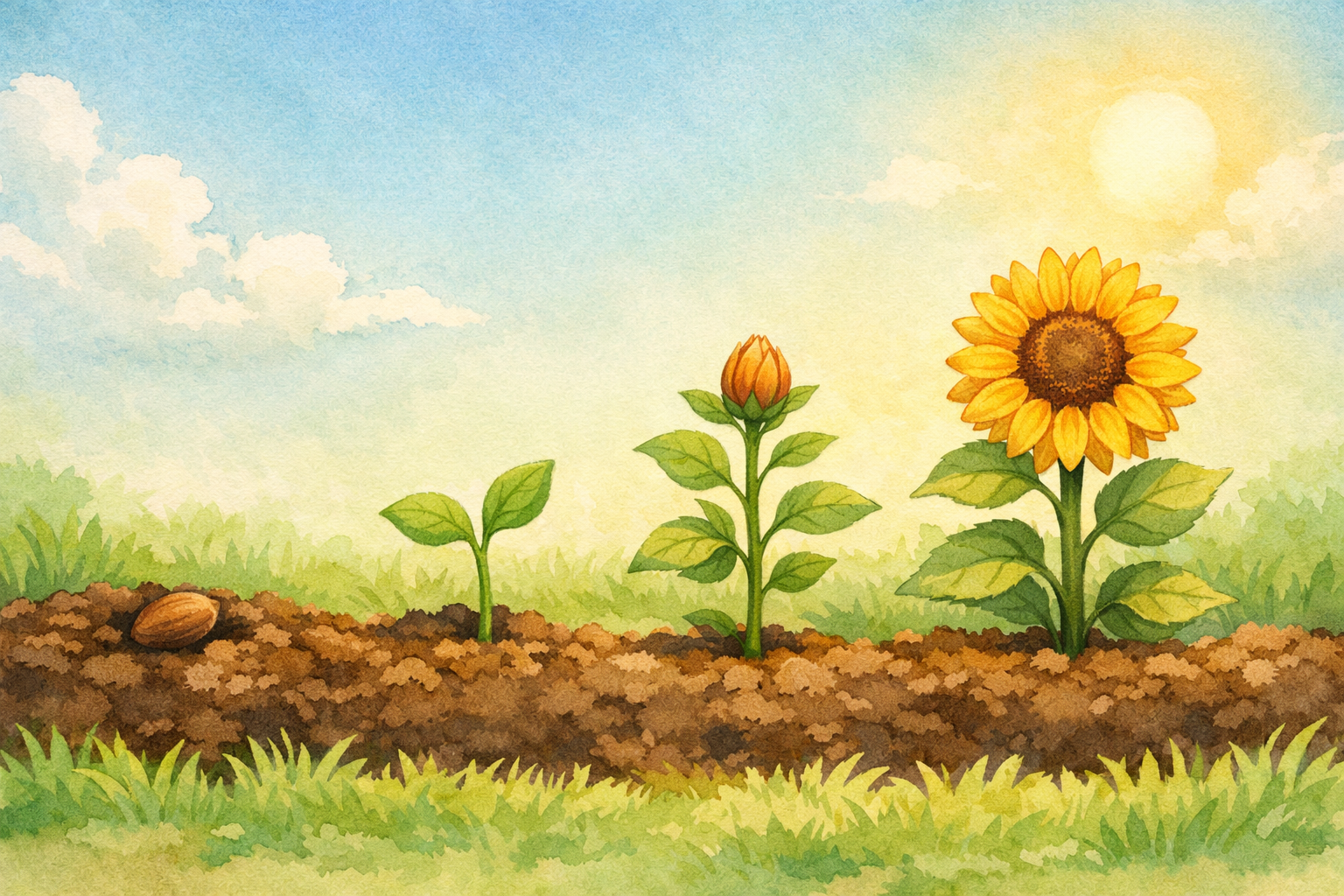Garden growth journey showing four stages: seed, sprout, budding plant, and blooming sunflower